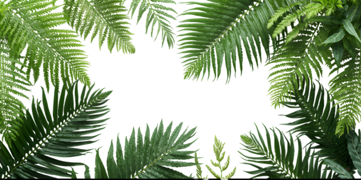 Tropical Paradise: Lush tropical foliage frames a clean, open space. Vivid green leaves create a sense of natural beauty and tranquility.