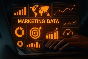 Hands analyzing digital marketing data on laptop with futuristic orange analytics dashboard and world map