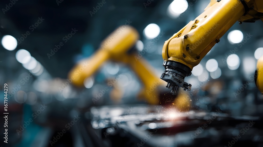 Poster robotic arms assembling car parts in a modern factory long title robotic arms precisely and efficien