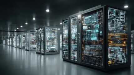 Modern data center with rows of glowing servers and complex digital information flowing through the network infrastructure