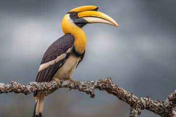 Obraz premium Great hornbill perched on branch with cloudy sky
