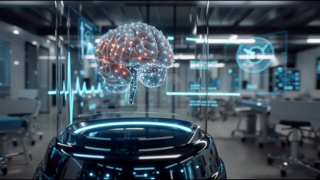 Brain-computer interface. Neuroscience. Biohacking. Cybernetics. Neural. A digital representation of a brain in a futuristic environment.