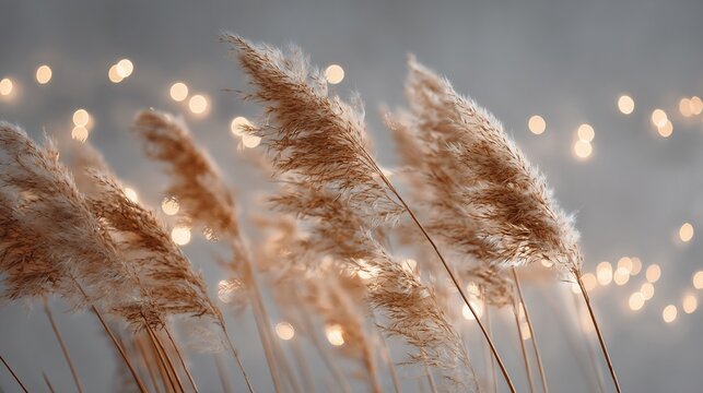 Pampas grass plumes with blurry lights, delicate and ethereal