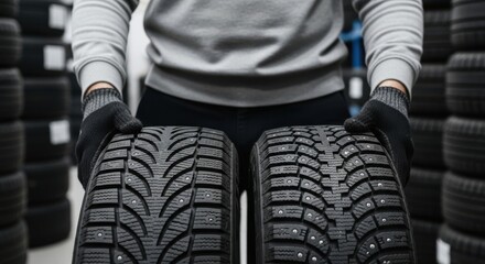 A person wearing gloves holds two studded winter tires in a warehouse filled with stacks of tires