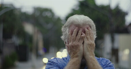 Elderly man standing still with face completely covered by hands in rain, expressing emotional...
