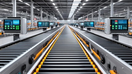Obraz premium Conveyor belt transporting goods in automated distribution warehouse