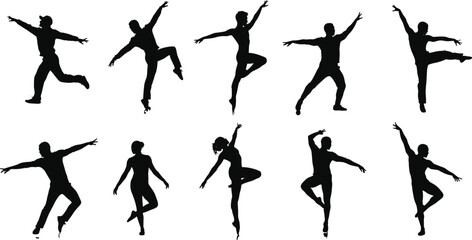 Ballet dancer silhouettes in various poses, arabesques, pirouettes, extended arms, graceful movement, elegant performance, classical dance art, choreography illustration, vector design