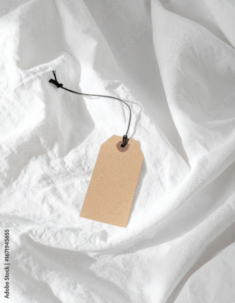Poster close up brown tag with string on white crumpled fabric surface background