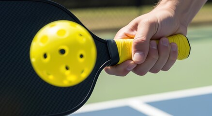 Close detail of a player's hand on a yellow handle grip tape of a carbon fiber pickleball paddle with a ball.