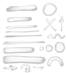 Raster white brush smear transparent bold shapes set, curved lines and dots