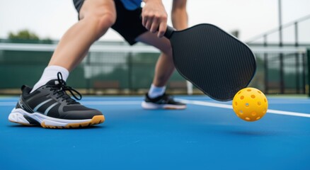 pickleball athlete in a low ready stance about to hit the ball with a paddle on a bright blue outdoor court.
