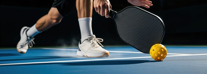 pickleball player hits the yellow ball with a carbon paddle in a dynamic close up on a blue indoor sports court.