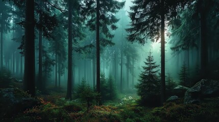 Fototapeta premium Mysterious dark forest with tall trees and sun rays breaking through the fog creating an ethereal and enchanting atmosphere