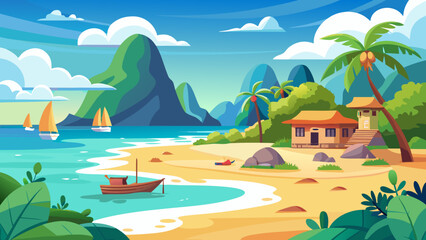 Obraz premium Vector art of tropical island paradise with sandy beach, turquoise sea, palm trees, and mountains under a bright sky, creating a serene vacation destination