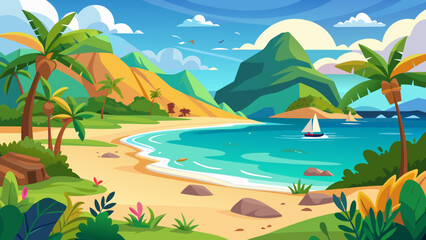 Fototapeta premium Vector art of a serene cartoon beach landscape featuring a tropical island with palm trees, mountains, and a sailboat on the turquoise sea, ideal for summer