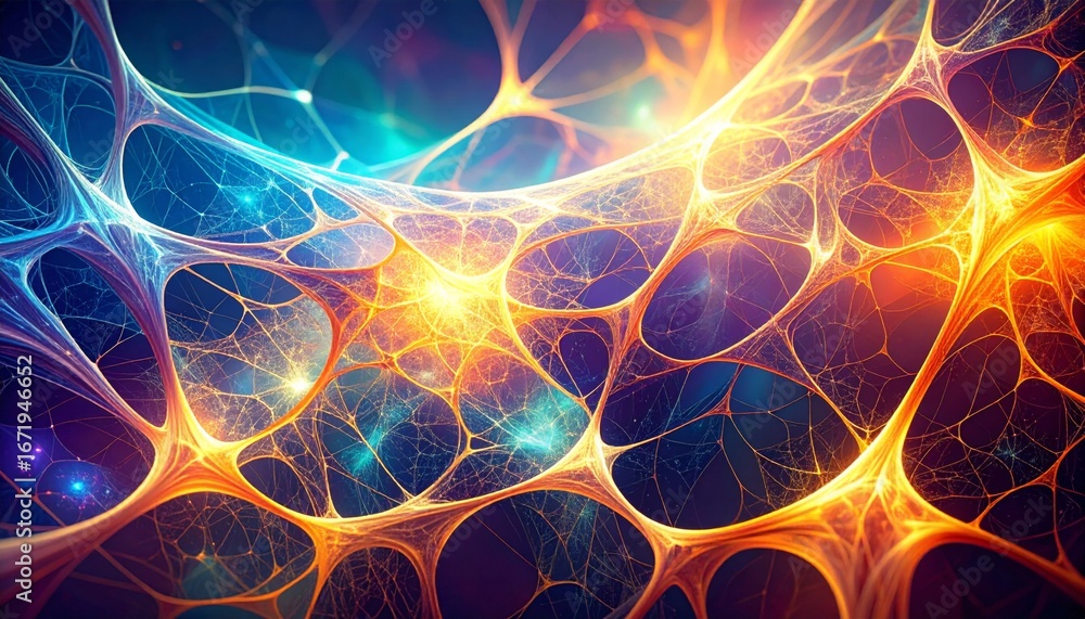 Poster abstract network connection with blue and orange glowing nodes in a complex web