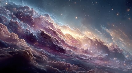 Fototapeta premium Billowing cosmic clouds filled with shimmering starlight, a breathtaking celestial vista of interstellar gas and dust