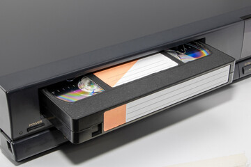 Close-up of a video cassette recorder player, isolated on white background