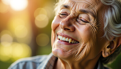 Elderly woman smiling peacefully in sunlight