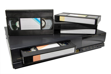 Close-up of a video cassette recorder player, isolated on white background