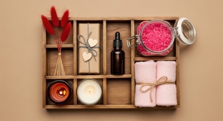 A topdown view of a wooden tray filled with spa and selfcare items including candles bath salts and rolled towels