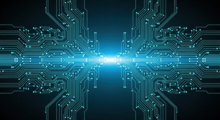 A symmetrical blue circuit board with glowing lines and nodes representing data flow and technological advancement