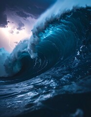 Obraz premium A powerful ocean wave crashes against a stormy sky, lit by intense lightning.