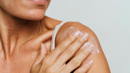 Close-up of a woman with flawless skin gently applying cream to her shoulder, showcasing smooth texture and skincare routine, emphasizing care, beauty, and hydration. - Powered by Adobe