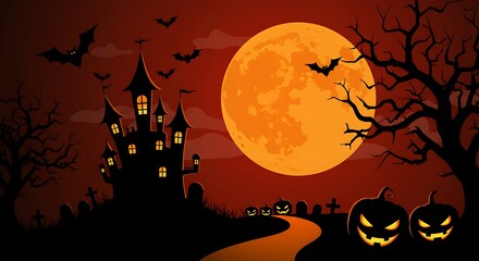 Spooky Halloween Scene with Haunted Castle Pumpkins and Full Moon Silhouette