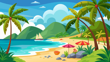 Obraz premium Vector art of tropical beach landscape with palm trees, mountains, and a sailboat on the sea, perfect for a summer vacation getaway and relaxation
