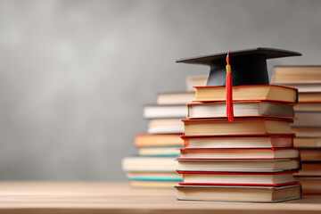 Graduation cap on a stack of books signifying academic achievement and knowledge