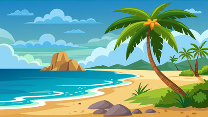 Obraz premium Vector art of a vibrant tropical beach landscape with palm trees, turquoise sea, and rocky formations, evoking a sense of relaxation and adventure on a sunny day