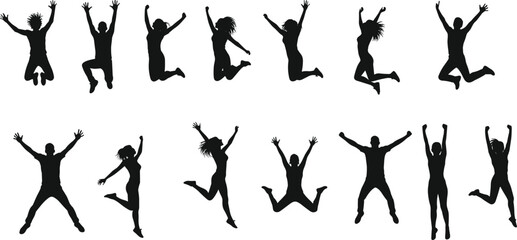 Black silhouette jumping people poses, joyful energy movement sequence, dance celebration illustration, active lifestyle fitness expression, male female dynamic vector design