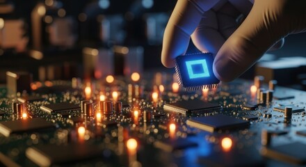 A gloved hand carefully places a glowing blue central processing unit onto a complex circuit board with illuminated components