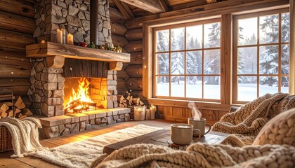 Cozy Winter Cabin Interior with Fireplace | Hygge Lifestyle and Holiday Atmosphere