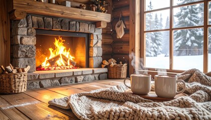 Cozy Winter Cabin Interior with Fireplace | Hygge Lifestyle and Holiday Atmosphere