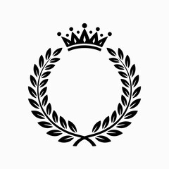 Black silhouette of a laurel wreath with a crown isolated on white background