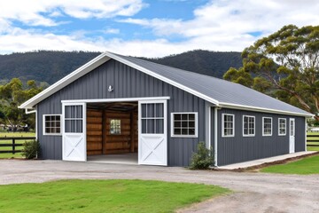 Fototapeta premium Modern barn building sitting in green field with mountain view
