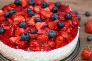 Strawberry cake close-up, diet cheesecake with gelatin and skyr with strawberries in gelatin