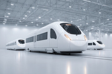 ultraminimalist photograph of production line assembling autonomous trains featuring sleek designs and advanced