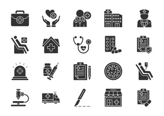 Medical thin glyph icon set. Containing healthcare, doctor, hospital, nurse, patient