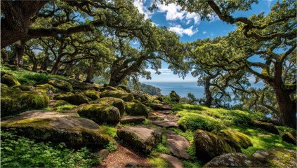Fototapeta premium Lush, sun-drenched path through a mossy rock garden, arching trees, and ocean vista