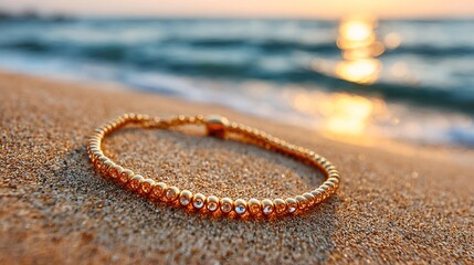 Golden bracelet shining on sandy beach at sunset