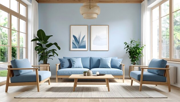Sal&oacute;n Japandi con sof&aacute;s azules, decoraci&oacute;n minimalista y ventanales de madera