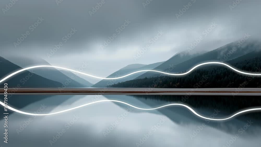 Poster tranquility in nature misty mountains and calm lake reflection with soft clouds and light trails cre