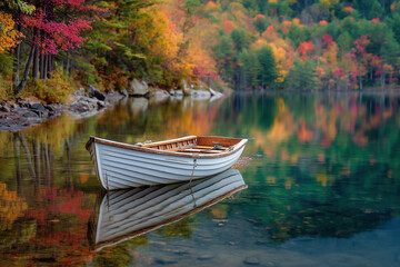 Obraz premium Small rowboat on calm autumn lake with colorful tree reflections