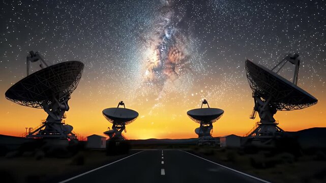 Radio Telescopes Silhouetted Against a Starry Sunset Sky