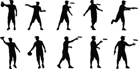 Flying disc motion sequence silhouettes, ultimate Frisbee throwing and catching poses, dynamic sports vector illustration, athletic outdoor recreation action design