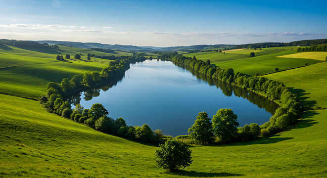 landscape with lake, Expansive countryside panorama with vibrant green rolling hills surrounding calm blue lake under clear sky. Vegetation, trees line water edge, creating serene, peaceful natural la - Powered by Adobe