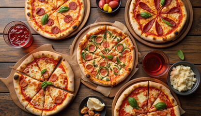 Assorted Pizzas on Wooden Tabletop with Drinks and Sides